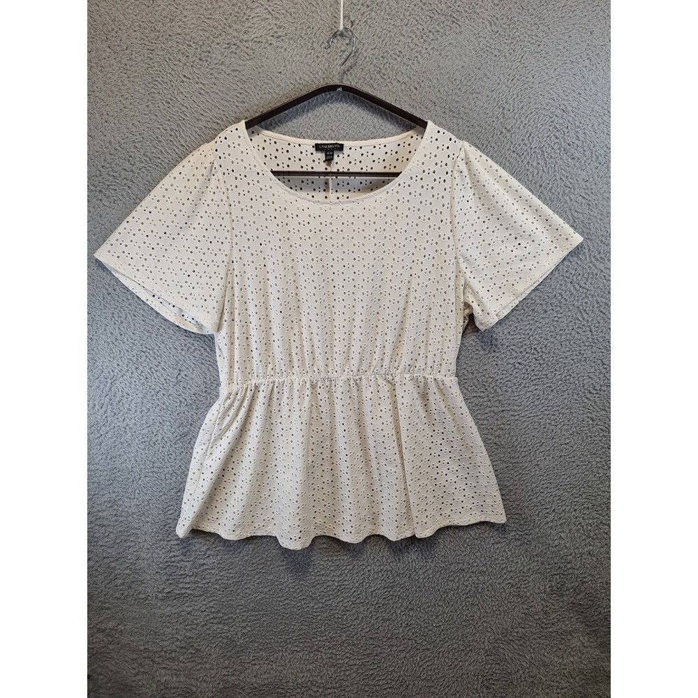 Lane Bryant Blouse Top Womens 18/20 Cream Eyelet Stretch Short Sleeve Peplum Hem